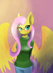 Size: 1100x1500 | Tagged: safe, artist:yanderecomet, fluttershy, pegasus, anthro, g4, blushing, clothes, female, solo, sweater, sweatershy