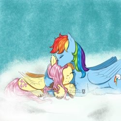 Size: 1500x1500 | Tagged: safe, artist:jamizin, fluttershy, rainbow dash, pegasus, pony, g4, cloud, cute, duo, eyes closed, female, kissing, lesbian, lying down, prone, ship:flutterdash, shipping