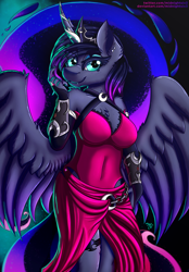 Size: 1742x2500 | Tagged: safe, artist:midnightsix3, princess luna, alicorn, anthro, g4, chest fluff, clothes, curved horn, dress, female, horn, solo, wings
