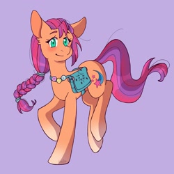 Size: 1600x1600 | Tagged: safe, artist:petaltheartist, sunny starscout, earth pony, pony, g5, my little pony: a new generation, bag, female, looking at you, mare, pin, purple background, raised hoof, satchel, simple background, smiling, solo, turned head