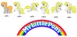 Size: 2139x1049 | Tagged: safe, artist:piggyman54, surprise, pegasus, pony, g1, g4, my pretty pony, 1980's, 1981, 1982, 1983, 1984, 1985, 1986, 80s, adoraprise, black text, cute, evolution, female, flying, g0 to g4, g1 to g4, generation leap, logo, mare, my little pony logo, open mouth, open smile, raised hoof, raised leg, simple background, smiling, text, white background