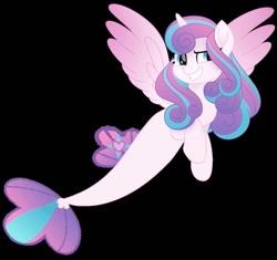Size: 749x703 | Tagged: safe, artist:redfox390, princess flurry heart, alicorn, pony, seapony (g4), g4, black background, blue eyes, dorsal fin, feather, female, fish tail, flowing mane, flowing tail, grin, horn, purple mane, seaponified, seapony flurry heart, simple background, smiling, solo, species swap, spread wings, tail, teeth, wings