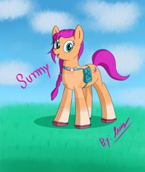Size: 1280x1525 | Tagged: safe, artist:lurfy, sunny starscout, earth pony, pony, g5, my little pony: a new generation, bag, coat markings, colored hooves, deviantart watermark, female, grass, mare, obtrusive watermark, open mouth, open smile, pin, smiling, socks (coat markings), solo, unshorn fetlocks, watermark