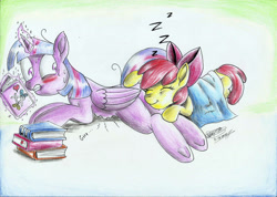 Size: 2330x1656 | Tagged: safe, artist:3500joel, apple bloom, twilight sparkle, oc, alicorn, pony, g4, blushing, book, butt, butt pillow, butt touch, duo, eyes closed, female, filly, glowing, glowing horn, gritted teeth, hoof on butt, horn, imminent fart, innuendo, lesbian, levitation, looking back, lying down, magic, mare, need to fart, nervous, onomatopoeia, plot, prone, scissors, sleeping, smiling, sound effects, stomach growl, stomach noise, sweat, sweatdrops, telekinesis, traditional art, twibutt, twilight sparkle (alicorn), underhoof, zzz