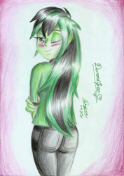 Size: 1654x2339 | Tagged: safe, artist:3500joel, oc, oc only, oc:diamond green, equestria girls, g4, ass, blushing, butt, clothes, equestria girls oc, female, looking back, solo, traditional art