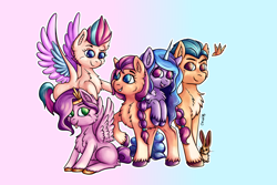 Size: 5593x3729 | Tagged: safe, artist:coco-drillo, hitch trailblazer, izzy moonbow, pipp petals, sunny starscout, zipp storm, bird, earth pony, pegasus, pony, rabbit, unicorn, g5, my little pony: a new generation, :p, animal, braid, braided tail, chest fluff, ear fluff, female, flying, hug, looking at you, male, mane five, mare, mlem, raised hoof, silly, simple background, sitting, smiling, smirk, spread wings, stallion, tail, tongue out, wings