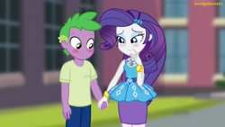 Size: 3640x2048 | Tagged: safe, artist:georgegarza01, rarity, spike, equestria girls, g4, blushing, boyfriend and girlfriend, cute, duo, female, giggling, high res, holding hands, human spike, male, raribetes, rarity peplum dress, ship:sparity, shipping, show accurate, spikabetes, straight