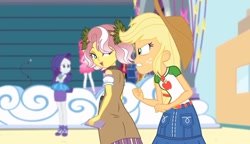 Size: 1244x719 | Tagged: safe, screencap, applejack, pinkie pie, rarity, vignette valencia, equestria girls, equestria girls specials, g4, my little pony equestria girls: better together, my little pony equestria girls: rollercoaster of friendship, angry, applejack's hat, back, cellphone, cowboy hat, female, flower, flower in hair, hat, phone, smartphone