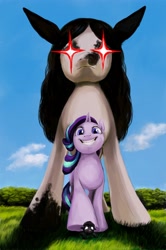 Size: 2725x4096 | Tagged: safe, artist:misstwipietwins, starlight glimmer, oc, oc:inkenel, oc:oretha, pony, unicorn, g4, angry, cloud, female, giant pony, grass, macro, mare, micro, now you fucked up, red eyes take warning, size difference, smiling, this will end in pain, this will not end well