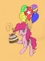 Size: 1111x1481 | Tagged: safe, artist:lef-fa, pinkie pie, earth pony, pony, g4, balloon, cake, confetti, female, food, simple background, solo, tongue out