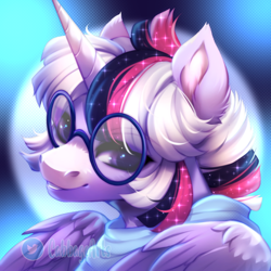 Size: 750x750 | Tagged: safe, artist:cabbage-arts, oc, oc only, oc:mystic mysteries, alicorn, pony, alicorn oc, bust, commission, commissioner:eyesorefortheblind, female, glasses, horn, portrait, solo, wings