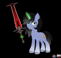 Size: 1249x1187 | Tagged: safe, artist:isaac_pony, oc, oc only, oc:shainer shrapnel shock, pony, unicorn, g5, my little pony: a new generation, angry, aura, black background, crucible blade, cutie mark, doom, doom equestria, female, horn, logo, looking at you, magic, simple background, solo, vector, weapon