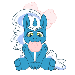 Size: 768x768 | Tagged: safe, artist:rosiedrawsdoodles, oc, oc:fleurbelle, alicorn, pony, adorabelle, alicorn oc, bow, candy, chibi, cute, eating, food, hair bow, holding, horn, lollipop, ocbetes, simple background, solo, transparent background, wings, yellow eyes