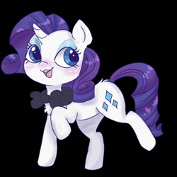 Size: 580x580 | Tagged: safe, artist:mushy, rarity, pony, unicorn, g4, black background, bowtie, cute, female, mare, open mouth, open smile, raised leg, raribetes, simple background, smiling, solo