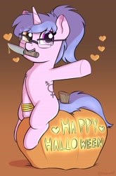 Size: 1516x2300 | Tagged: safe, artist:heretichesh, oc, oc only, oc:steamy, pony, unicorn, commissioner:steamy, female, floating heart, glasses, gradient background, halloween, heart, heterochromia, holiday, jack-o-lantern, knife, mare, mouth hold, pumpkin, sitting, solo