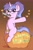 Size: 1516x2300 | Tagged: safe, artist:heretichesh, oc, oc only, oc:steamy, pony, unicorn, commissioner:steamy, female, floating heart, glasses, gradient background, halloween, heart, heterochromia, holiday, jack-o-lantern, knife, mare, mouth hold, pumpkin, sitting, solo