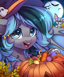 Size: 1707x2048 | Tagged: safe, artist:reterica, oc, oc:luny, bat, pony, blue eyes, candy, cute, food, hairclip, halloween, hat, holiday, horseshoes, moon, pumpkin bucket, two toned mane