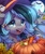 Size: 1707x2048 | Tagged: safe, artist:radioaxi, oc, oc only, oc:luny, bat, pony, blue eyes, candy, cute, food, hairclip, halloween, hat, holiday, horseshoes, moon, pumpkin bucket, two toned mane