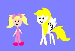 Size: 528x357 | Tagged: safe, artist:tommothetankengine57, molly williams, surprise, human, pegasus, pony, g1, adoraprise, clothes, cute, duo, female, lavender background, mare, mollybetes, overalls, pigtails, shoes, simple background, smiley face, smiley face ponies, younger