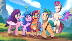 Size: 2500x1406 | Tagged: safe, artist:light262, hitch trailblazer, izzy moonbow, pipp petals, sunny starscout, zipp storm, earth pony, pegasus, pony, unicorn, g5, my little pony: a new generation, :p, ball, chest fluff, cloud, coat markings, colored wings, eyebrows, eyebrows visible through hair, female, flying, folded wings, grass, grin, group, horn, hornball, izzy's tennis ball, male, mane five, mare, mountain, multicolored wings, open mouth, open smile, outdoors, quintet, raised hoof, royal sisters (g5), siblings, sisters, sky, smiling, socks (coat markings), spread wings, stallion, tennis ball, tongue out, wings