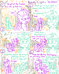Size: 4779x6013 | Tagged: safe, artist:adorkabletwilightandfriends, autumn leaf, lyra heartstrings, twilight sparkle, oc, oc:trevor, alicorn, earth pony, pony, unicorn, comic:adorkable twilight and friends, g4, adorkable, adorkable twilight, autumn, autumn leaves, beautiful, breeze, butt, cloud, comic, concerned, crepuscular rays, cute, dork, female, forest, friendship, happy, hat, leaf, leaves, mare, noises, over the garden wall, plot, pot, scenery, silly, slice of life, smiling, spooky, stone wall, tree, tree branch, turnaround, twilight sparkle (alicorn), unknown, wall, wind