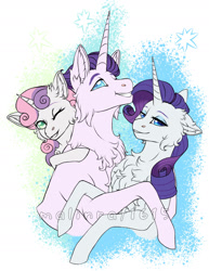 Size: 1280x1662 | Tagged: safe, artist:malinraf1615, dirk thistleweed, rarity, sweetie belle, pony, unicorn, g4, brother and sister, chest fluff, equestria girls ponified, eyeshadow, female, filly, grin, headcanon, hug, makeup, male, mare, one eye closed, ponified, siblings, sisters, smiling, stallion, trio, wink