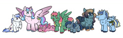 Size: 1600x498 | Tagged: safe, artist:moonstruck-badger, princess flurry heart, oc, oc:dragonfly, oc:eventide, oc:frost shimmer, oc:rain shower, oc:skyline, alicorn, pegasus, pony, g4, colt, female, filly, filly flurry heart, fluffy, foal, magical lesbian spawn, male, offspring, older, older flurry heart, parent:applejack, parent:fluttershy, parent:princess cadance, parent:princess luna, parent:rainbow dash, parent:rockhoof, parent:shining armor, parent:soarin', parents:flutterdash, parents:rockluna, parents:shiningcadance, parents:soarinjack, simple background, tongue out, white background
