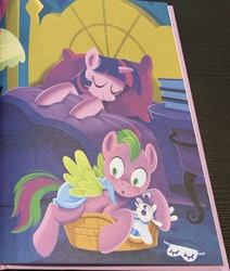 Size: 602x709 | Tagged: source needed, safe, artist:anthony conley, rarity, spike, twilight sparkle, alicorn, pegasus, pony, a pony named spike, g4, age progression, bed, book, crush plush, duo, female, implied transformation, male, mare, older, older spike, pet bed, plushie, ponified, ponified spike, rarity plushie, sleep mask, sleeping, species swap, spike's bed, spread wings, stallion, twilight sparkle (alicorn), wingboner, wings