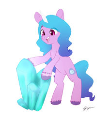 Size: 900x1000 | Tagged: safe, artist:sion, izzy moonbow, pony, unicorn, g5, my little pony: a new generation, bipedal, crystal, cute, female, izzybetes, mare, open mouth, ponytober, solo, starry eyes, wingding eyes