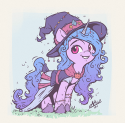 Size: 1200x1180 | Tagged: safe, artist:assasinmonkey, izzy moonbow, pony, unicorn, g5, my little pony: a new generation, bracelet, clothes, costume, cute, female, grin, halloween, halloween costume, hat, holiday, izzybetes, jewelry, looking at you, mare, pumpkin, smiling, solo, witch, witch costume, witch hat