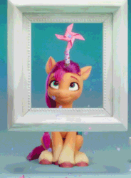 Size: 534x725 | Tagged: safe, screencap, sunny starscout, earth pony, pony, g5, my little pony: a new generation, spoiler:g5, spoiler:my little pony: a new generation, animated, confetti, cropped, cute, fake horn, female, gif, mare, sitting, smiling, solo focus, sunnybetes