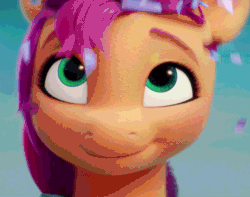 Size: 1014x800 | Tagged: safe, screencap, sunny starscout, earth pony, pony, g5, my little pony: a new generation, spoiler:g5, spoiler:my little pony: a new generation, animated, confetti, cropped, cute, eyelashes, female, fluffy, gif, mare, smiling, solo, sunnybetes