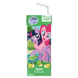 Size: 1080x1080 | Tagged: safe, pinkie pie, twilight sparkle, alicorn, earth pony, insect, ladybug, pony, g4, apple, apple juice, appy kids, appy kids co, drink, duo, female, food, hug, hug from behind, juice, juice box, merchandise, my little pony logo, stock vector, twilight sparkle (alicorn), united kingdom, what could possibly go wrong