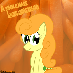Size: 3600x3600 | Tagged: safe, artist:blinkshake, carrot top, golden harvest, earth pony, pony, beyond her garden, g4, carrot, cutie mark, female, food, high res, looking at you, mare, smiling, smiling at you, solo