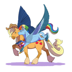 Size: 1280x1280 | Tagged: safe, artist:will-owl-the-wisp, applejack, rainbow dash, earth pony, pegasus, pony, g4, alternate hairstyle, chest feathers, clothes, cowboy hat, feathered fetlocks, female, hat, larger female, lesbian, mare, shawl, ship:appledash, shipping, simple background, size difference, smaller female, white background