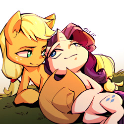 Size: 1280x1280 | Tagged: safe, artist:taltlo, applejack, rarity, earth pony, pony, unicorn, g4, accessory theft, applejack's hat, cowboy hat, female, hat, lesbian, looking at each other, mare, ship:rarijack, shipping