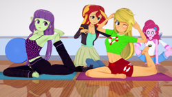 Size: 1136x640 | Tagged: safe, artist:cyber-murph, applejack, pinkie pie, starlight, sunset shimmer, equestria girls, g4, 3d, armpits, barefoot, belly button, clothes, cute, feet, female, hilarious in hindsight, koikatsu, lifeguard applejack, midriff, pants, pinkie being pinkie, struggling, tank top, yoga, yoga mat, yoga pants