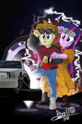 Size: 2717x4128 | Tagged: safe, artist:tidmouthmilk12, twilight sparkle, oc, oc:tidmouth milk, equestria girls, g4, back to the future, car, delorean, duo, equestria girls-ified, female, high res, male, movie poster, vector