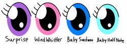 Size: 1098x432 | Tagged: safe, artist:richup65, baby half note, baby sundance, surprise, wind whistler, g1, eye, eyelashes, eyes, eyes only, simple background, white background