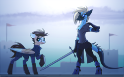 Size: 5700x3579 | Tagged: safe, artist:fenixdust, oc, oc only, oc:lily, oc:skittle, dracony, dragon, hybrid, pegasus, pony, clothes, female, male, medieval, sword, weapon
