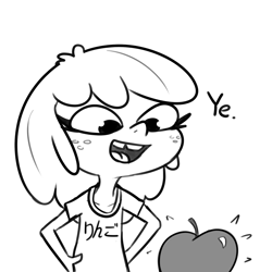 Size: 1584x1584 | Tagged: safe, artist:tjpones, apple bloom, human, g4, apple, black and white, food, freckles, grayscale, hand on hip, hiragana, humanized, monochrome, open mouth, open smile, simple background, smiling, solo, tooth gap, white background
