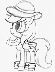 Size: 1153x1496 | Tagged: safe, artist:bettybrother35, surprise, pegasus, pony, fanfic:surprise's fashion show, g1, g4, adoraprise, clothes, cute, female, folded wings, frown, g1 to g4, generation leap, hat, jacket, mare, monochrome, scarf, shoes, simple background, sketch, solo, surprise tales, traditional art, white background, wings