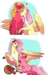 Size: 2200x3400 | Tagged: safe, artist:theartfox2468, big macintosh, fluttershy, oc, oc:valentine, earth pony, pegasus, pony, g4, apple, basket, beard, cloven hooves, earth pony oc, eyes closed, facial hair, fangs, female, filly, floating heart, floral head wreath, flower, fluttermom, food, freckles, heart, height difference, high res, hug, lidded eyes, male, mare, mother and child, mother and daughter, mouth hold, neck biting, neck nuzzle, nibbling, offspring, pale belly, parent:big macintosh, parent:fluttershy, parents:fluttermac, ship:fluttermac, shipping, sitting, stallion, straight, tongue out, underhoof, wing shelter, wings