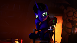 Size: 7680x4320 | Tagged: safe, artist:lagmanor, oc, oc only, oc:lagmanor amell, pony, unicorn, 3d, absurd resolution, black mane, blurry background, book, bookshelf, candle, cup, dark background, dark mane, eyebrows, fire, fireplace, frown, green eyes, horn, looking at you, magic horn, male, mane, nudity, raised eyebrow, sheath, sheathed, sitting, solo, source filmmaker, stallion, sword, table, teacup, vignette, weapon