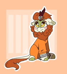 Size: 1862x2048 | Tagged: safe, artist:anxioussartist, autumn blaze, kirin, g4, blushing, clothes, cuffs, floppy ears, horn, horn ring, magic suppression, prison outfit, ring, sad, shackles, simple background, solo