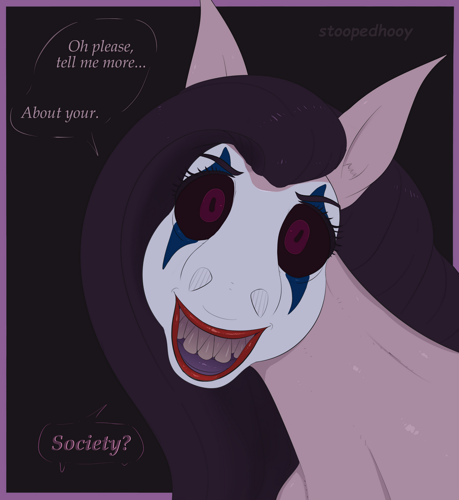 2729346 - safe, artist:stoopedhooy, oc, oc only, oc:shakes heartwood,  horse, pony, black sclera, bust, clown makeup, creepy, dialogue, grin,  looking at you, makeup, mlp fim's eleventh anniversary, portrait, sharp  teeth, smiling, solo,
