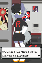 Size: 3200x4800 | Tagged: safe, artist:fascismnotincluded, limestone pie, earth pony, semi-anthro, g4, alternate design, arm hooves, pokémon, solo, team rocket