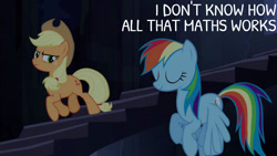 Size: 1280x720 | Tagged: safe, edit, edited screencap, editor:quoterific, screencap, applejack, rainbow dash, earth pony, pegasus, pony, castle mane-ia, g4, season 4, applejack's hat, cowboy hat, eyes closed, female, flying, hat, mare, smiling