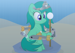 Size: 2970x2100 | Tagged: safe, artist:candy meow, oc, oc only, oc:shooo be doop, earth pony, fish, pony, legends of equestria, :t, bubble, diadem, digital art, earth pony oc, female, fins, game, high res, jewelry, looking at something, mane, mare, npc, pearl, pendant, river, rock, sand, scepter, shell, show accurate, sitting, solo, tail, tiara, underwater, video game