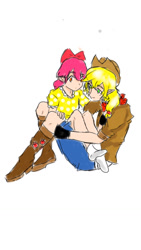 Size: 720x1280 | Tagged: safe, artist:aj946, apple bloom, applejack, human, g4, boots, clothes, denim shorts, female, humanized, jacket, missing shoes, neckerchief, shoes, shorts, siblings, sisters, socks, stocking feet